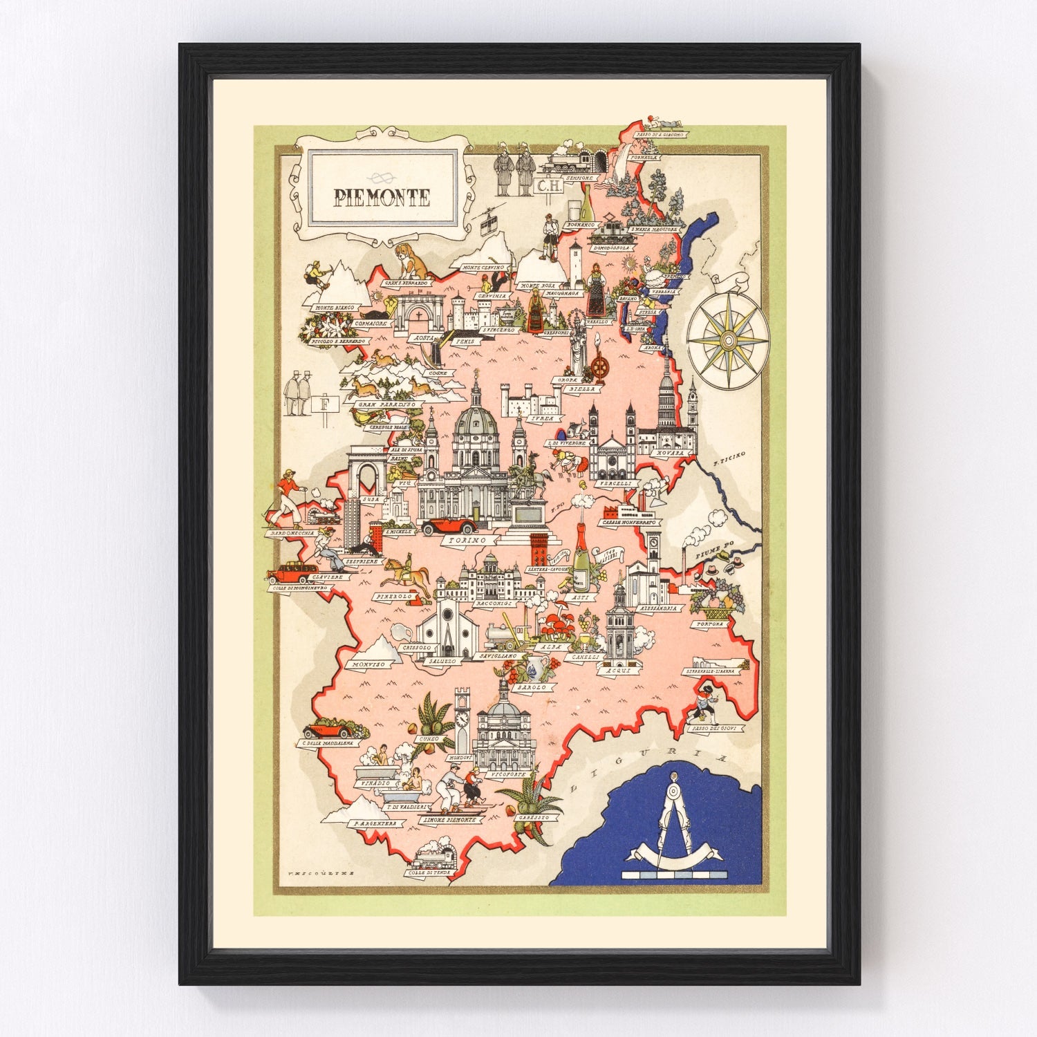 vintage map of Piemonte, Italy, 1938