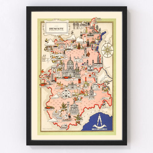 vintage map of Piemonte, Italy, 1938