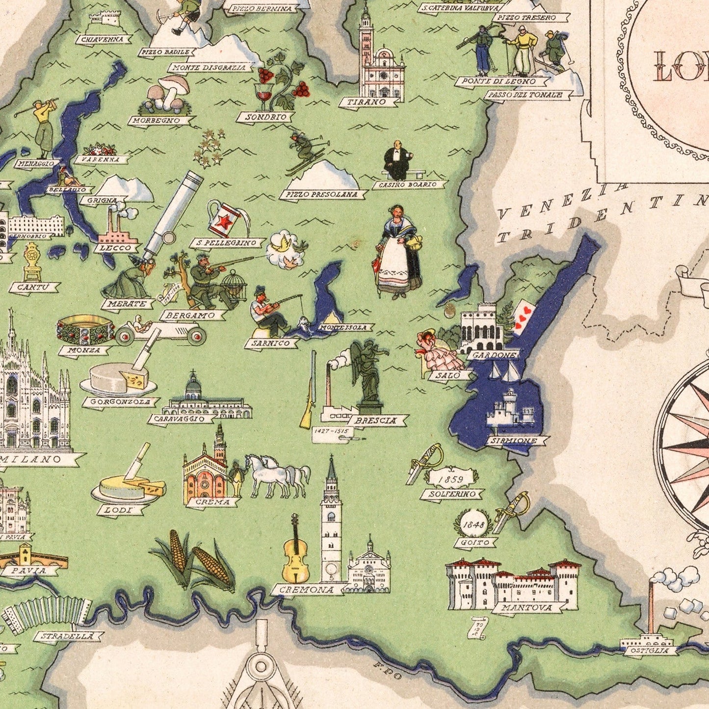 Vintage Map of Lombardy, Italy, 1938