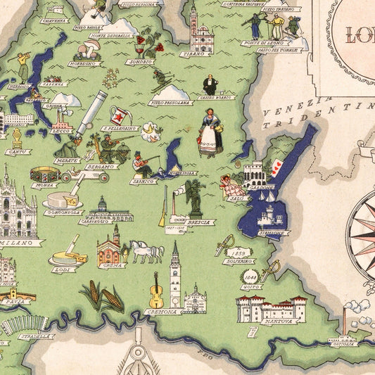 Vintage Map of Lombardy, Italy, 1938