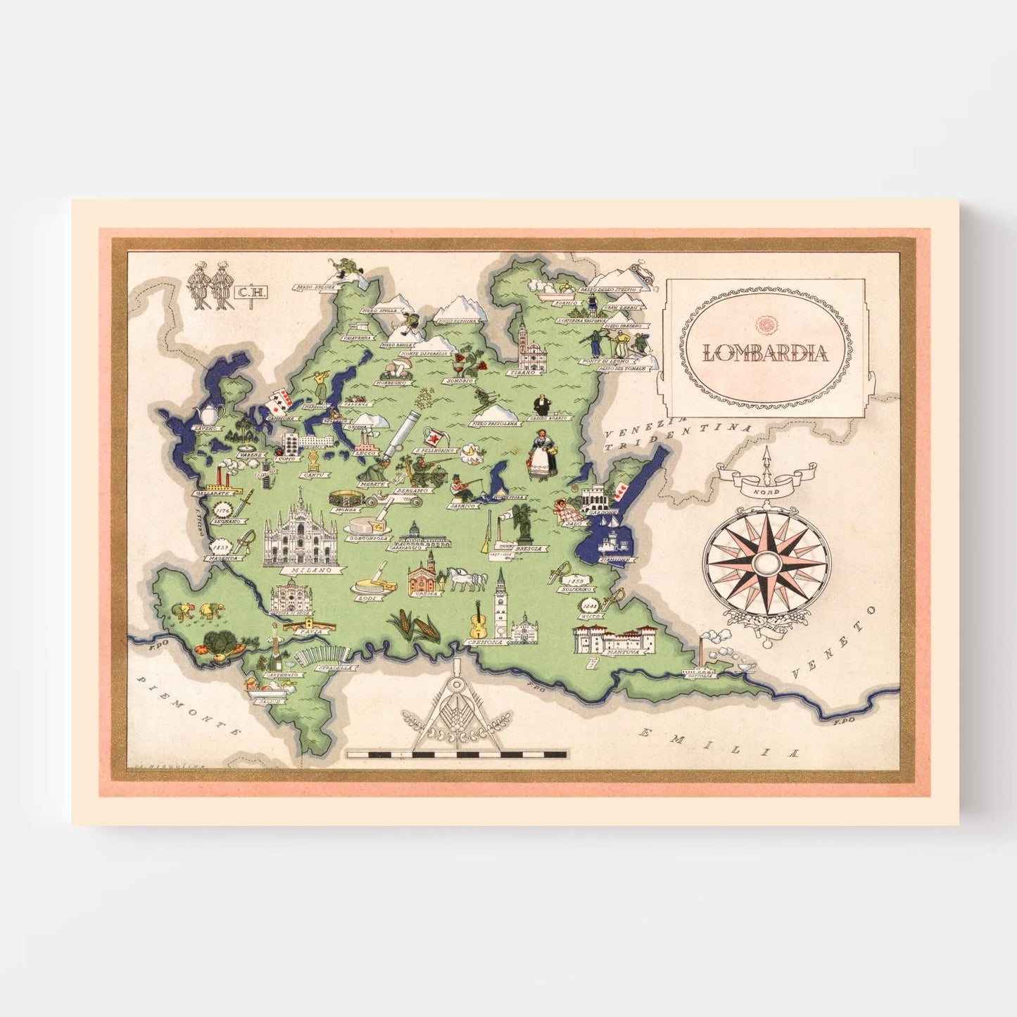 Vintage Map of Lombardy, Italy, 1938