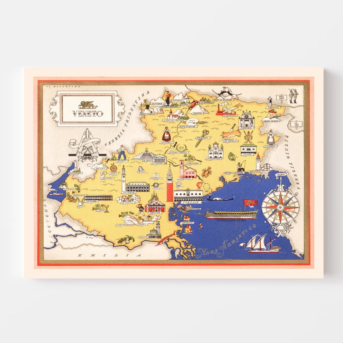 Vintage Map of Veneto, Italy, 1938