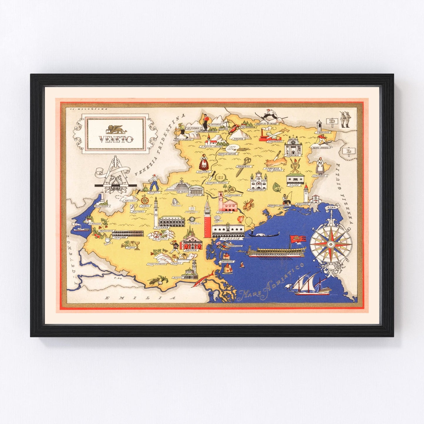 Vintage map of Veneto, Italy, 1938