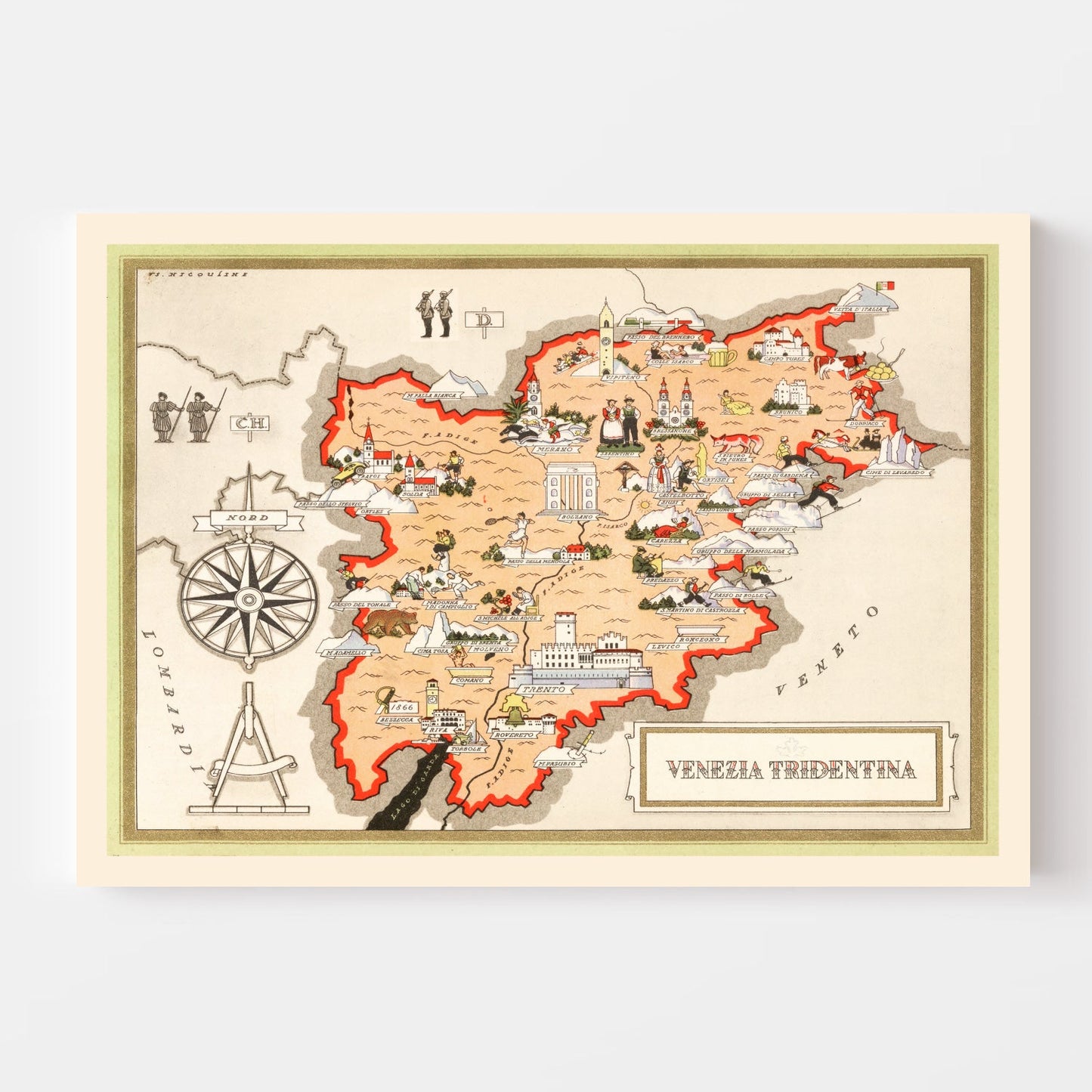 Vintage Map of Trentino-Alto Adige, Italy, 1938