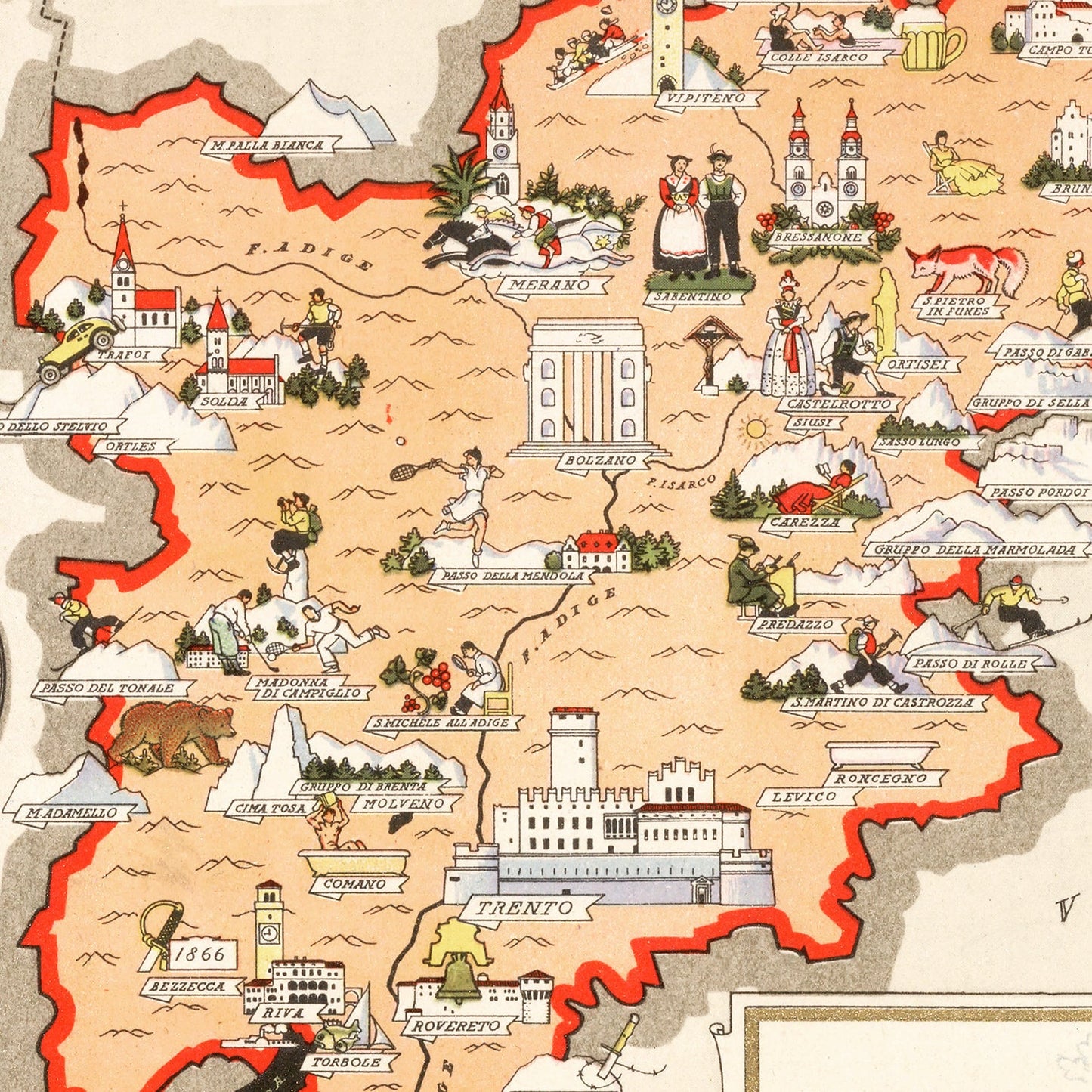 Vintage Map of Trentino-Alto Adige, Italy, 1938