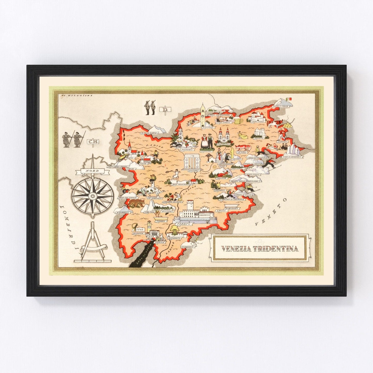 vintage map of Trentino-Alto Adige, Italy, 1938