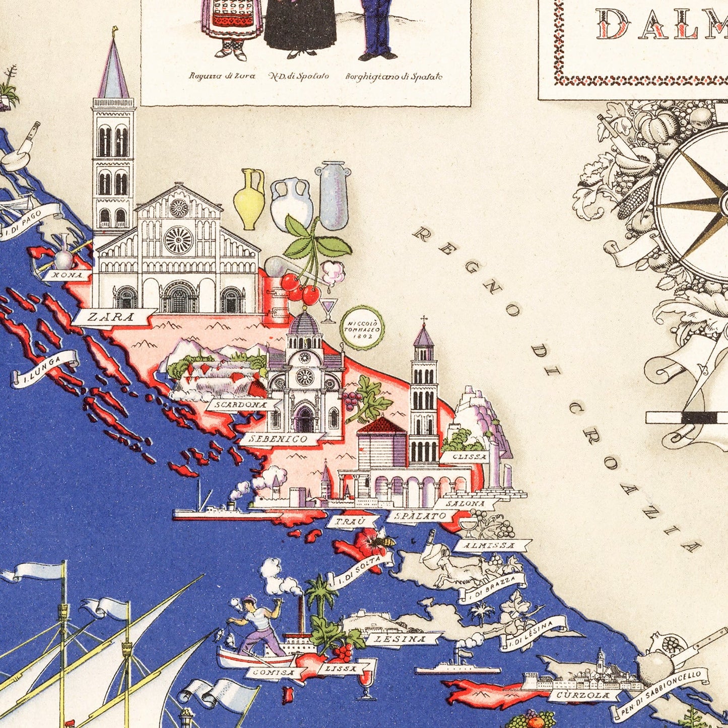 Vintage Map of Dalmatia, Italy, 1938