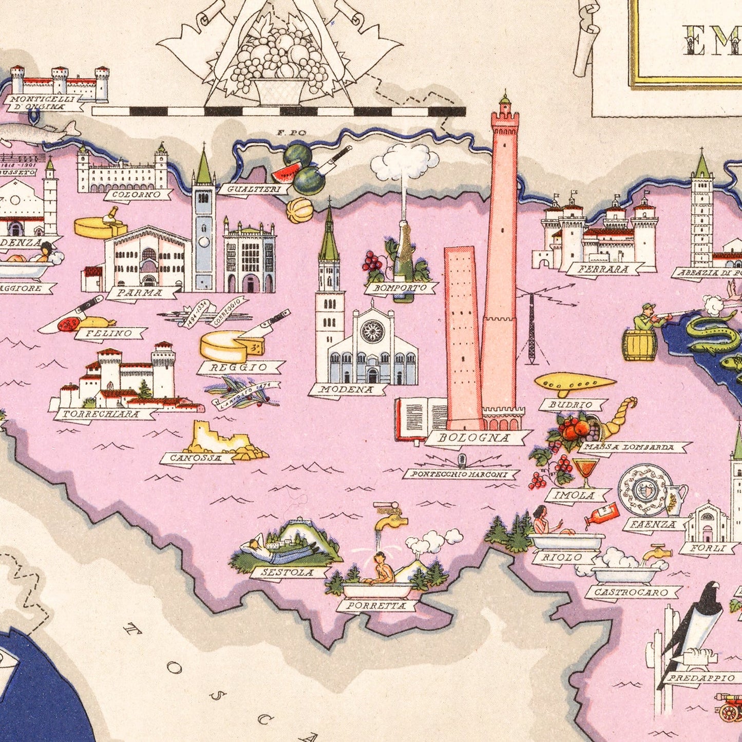 Vintage Map of Emilia-Romagna, Italy, 1938