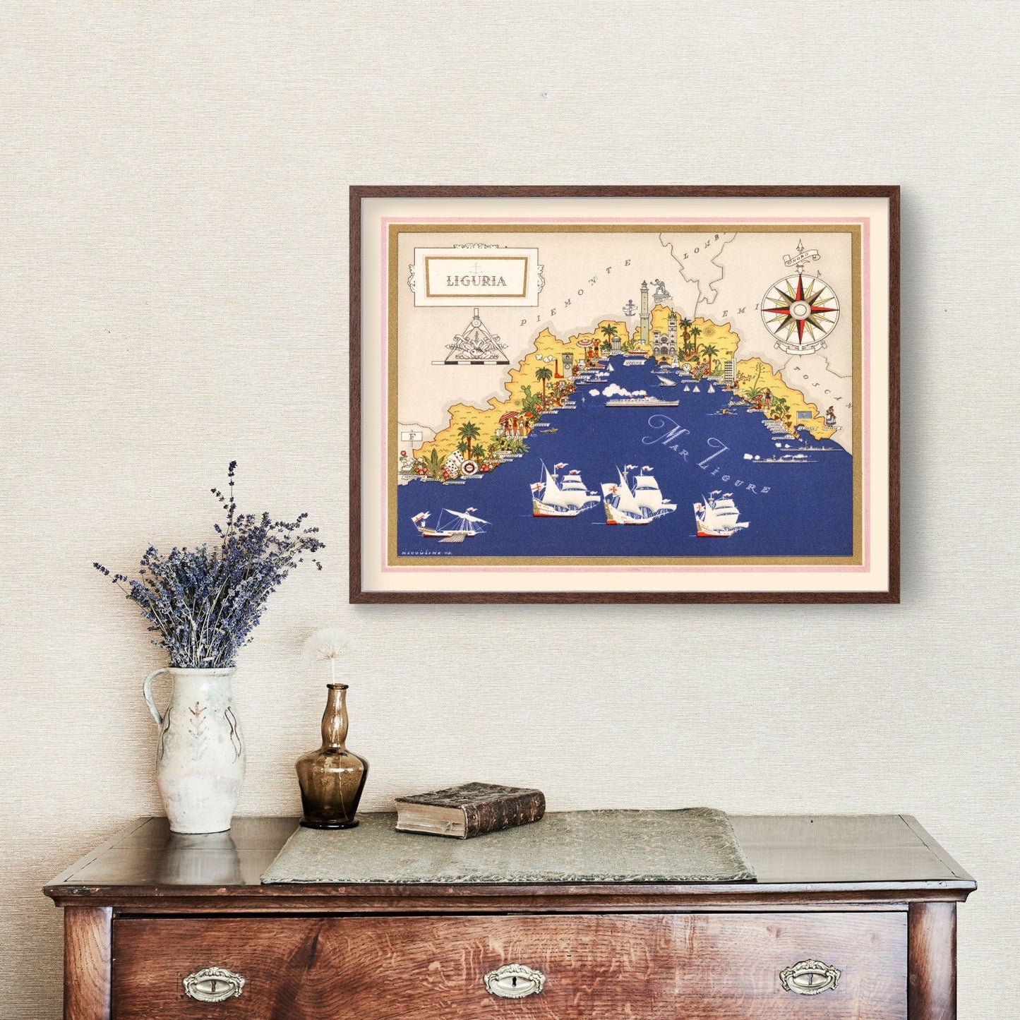 Vintage Map of Liguria, Italy, 1938