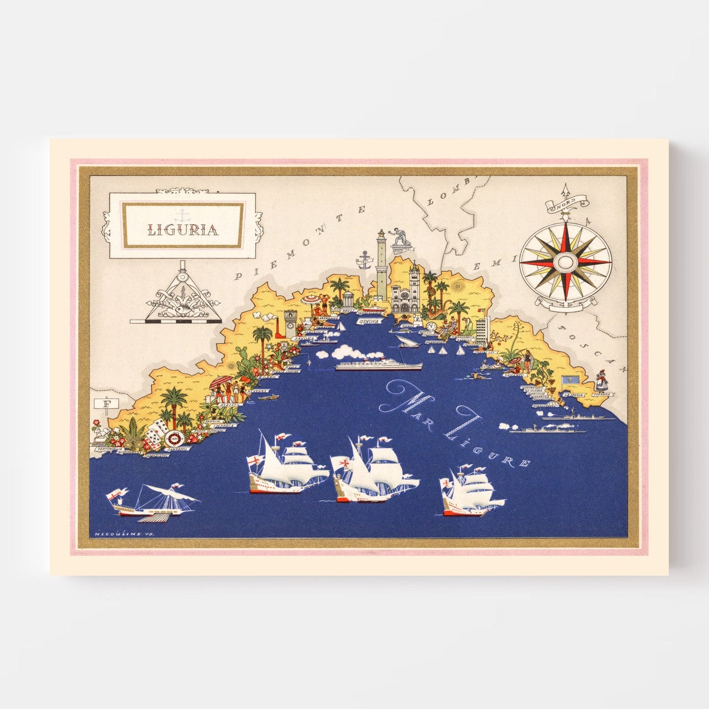 Vintage Map of Liguria, Italy, 1938