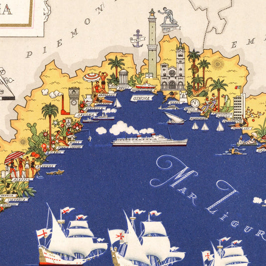 Vintage Map of Liguria, Italy, 1938