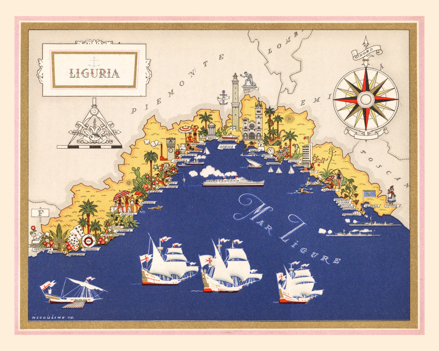 Vintage Map of Liguria, Italy, 1938