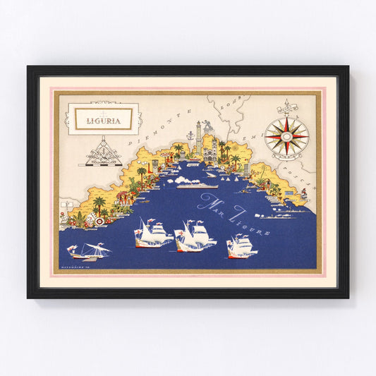 Vintage map of Liguria, Italy, 1938