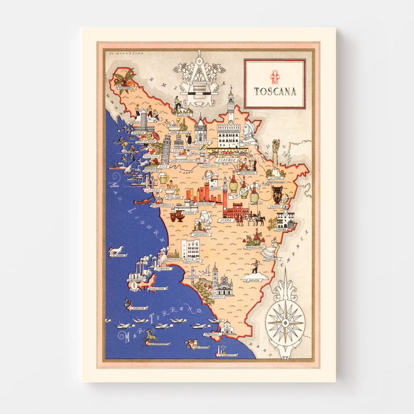 Vintage Map of Tuscany, Italy, 1938