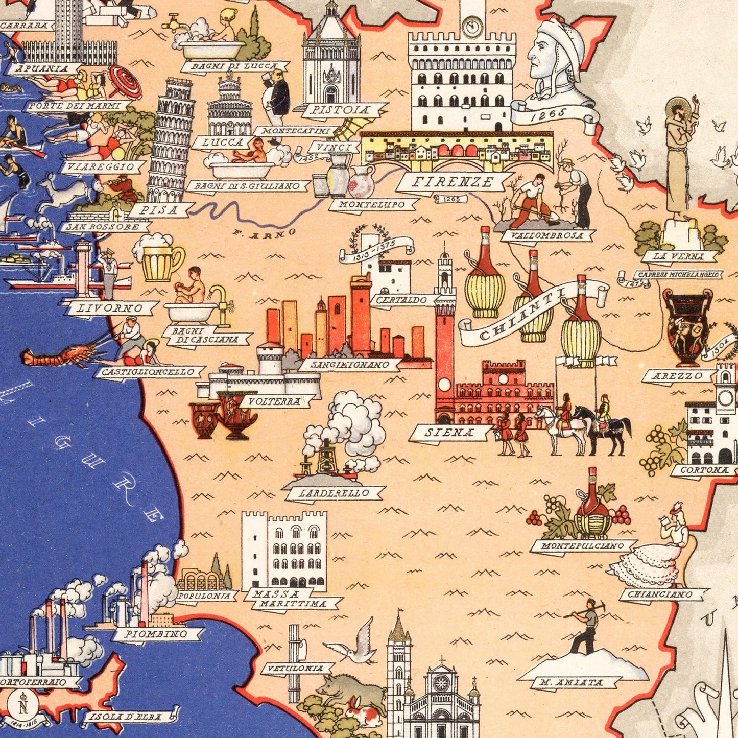 Vintage Map of Tuscany, Italy, 1938
