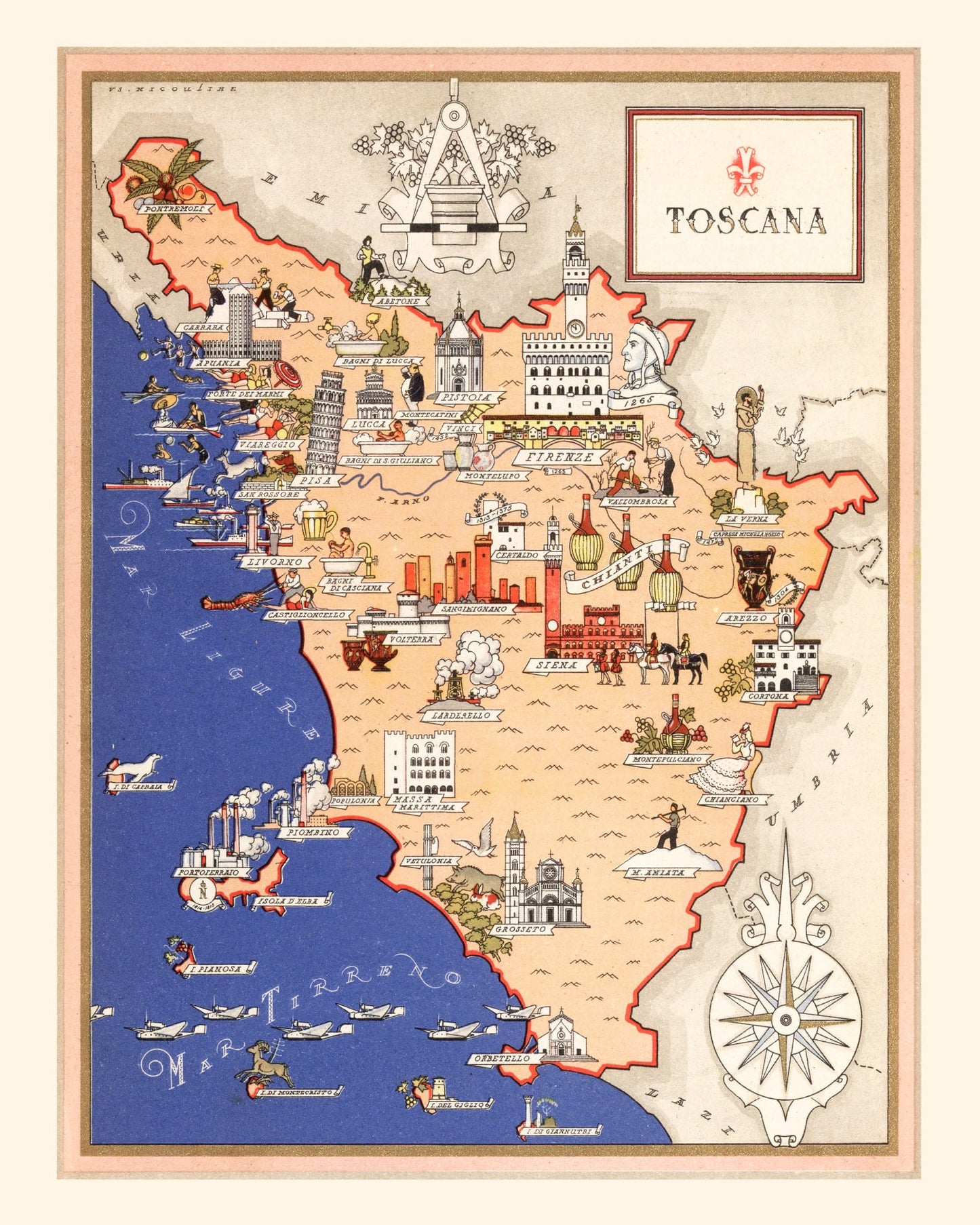 Vintage Map of Tuscany, Italy, 1938