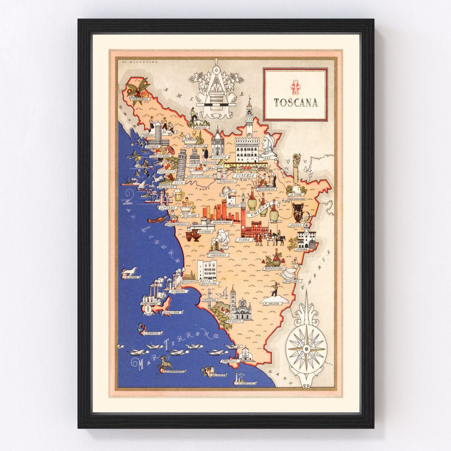 Vintage map of Tuscany, Italy, 1938