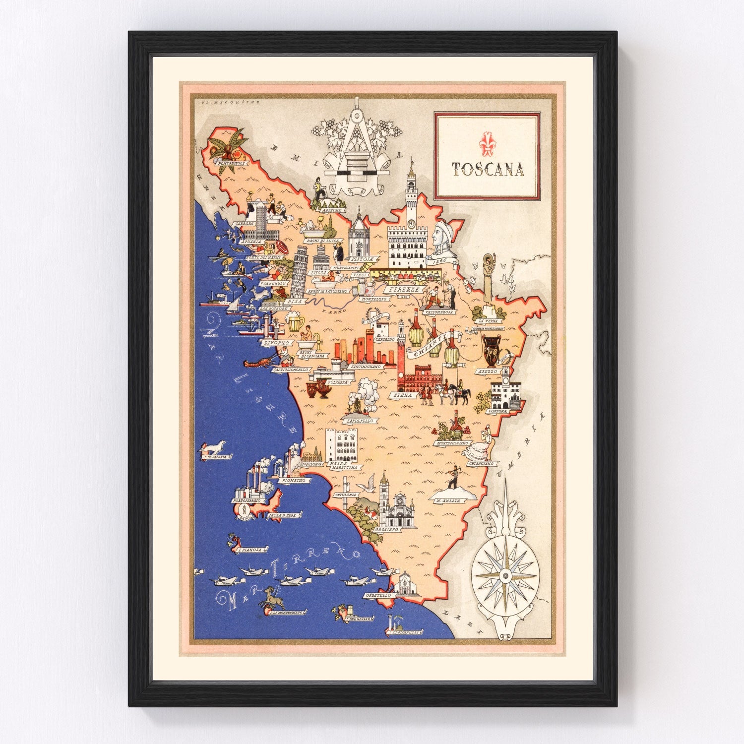 Vintage map of Tuscany, Italy, 1938