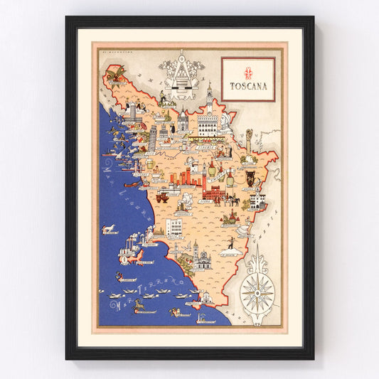 Vintage map of Tuscany, Italy, 1938