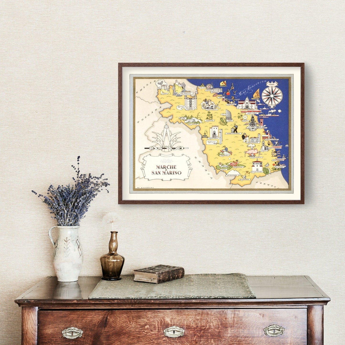 Vintage Map of Marche, Italy, 1938