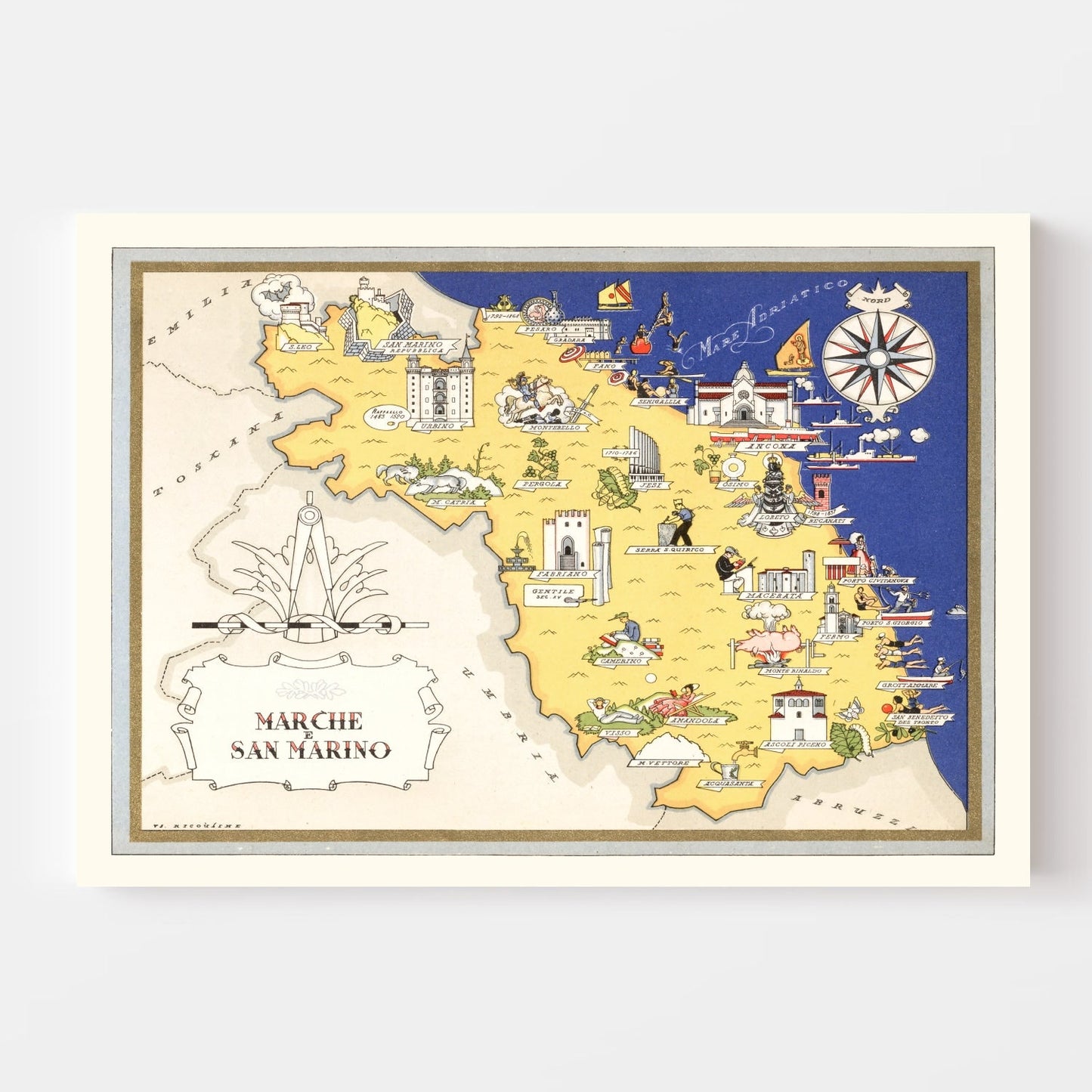 Vintage Map of Marche, Italy, 1938
