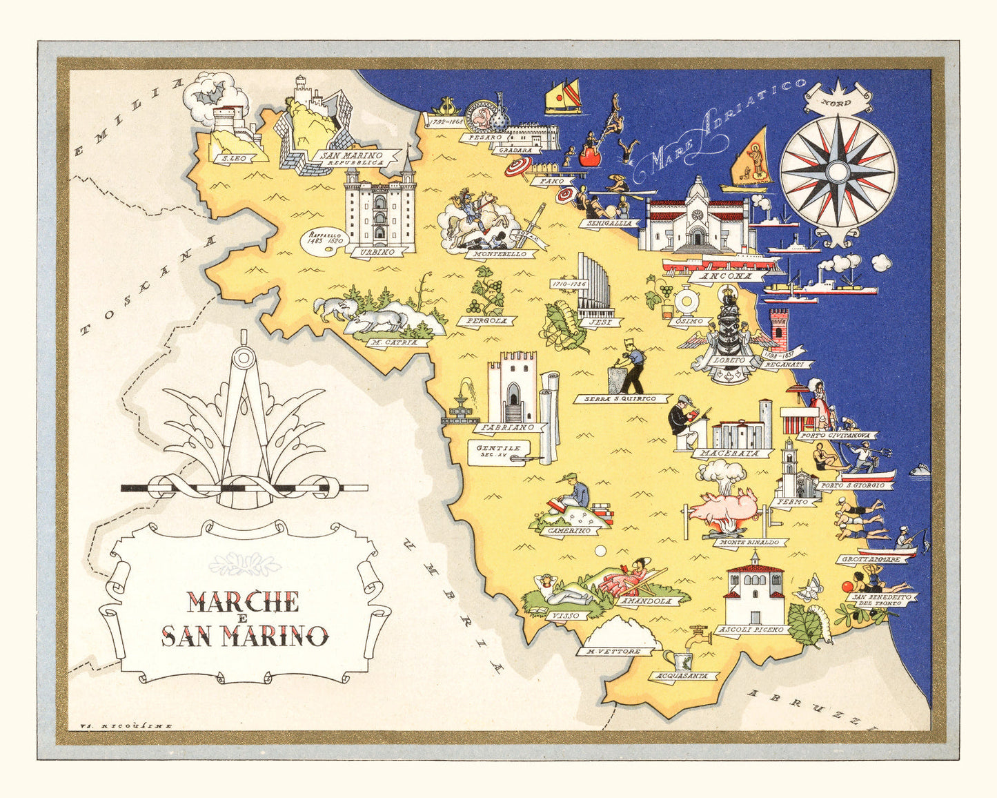 Vintage Map of Marche, Italy, 1938