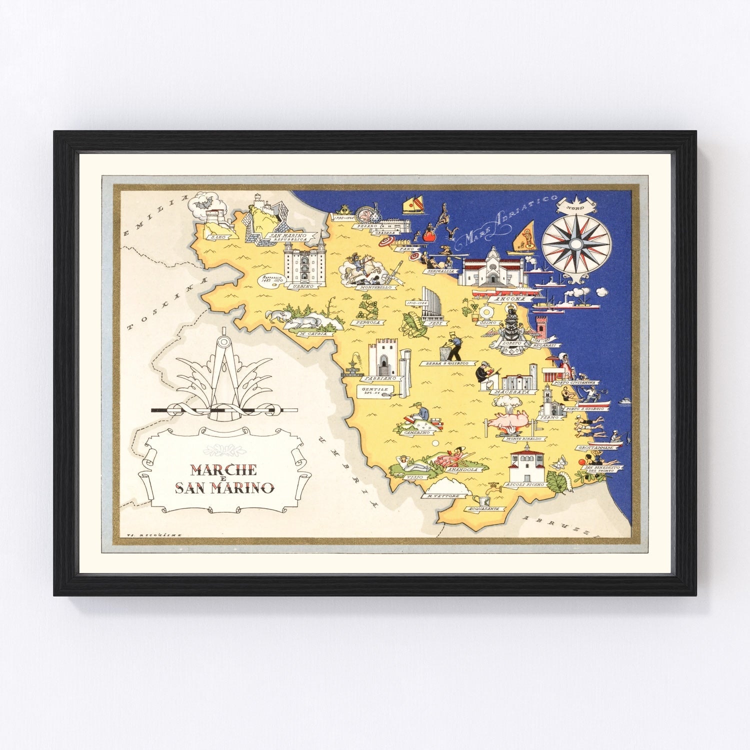 Vintage map of Marche, Italy, 1938
