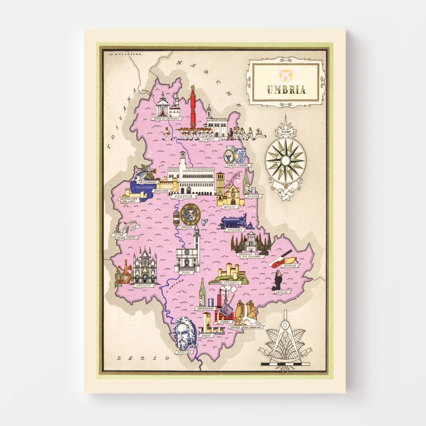 Vintage Map of Umbria, Italy, 1938