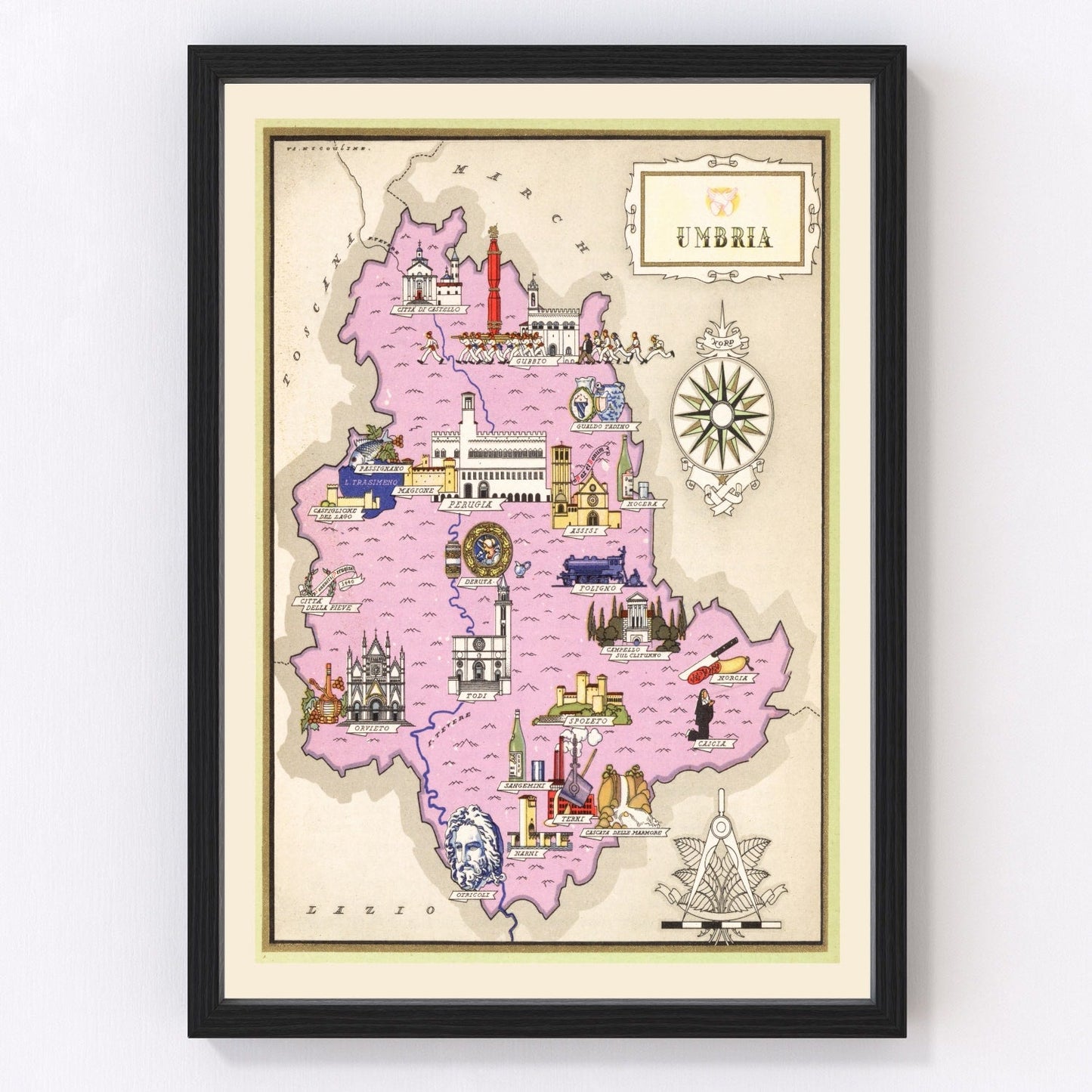 vintage map of Umbria, Italy, 1938