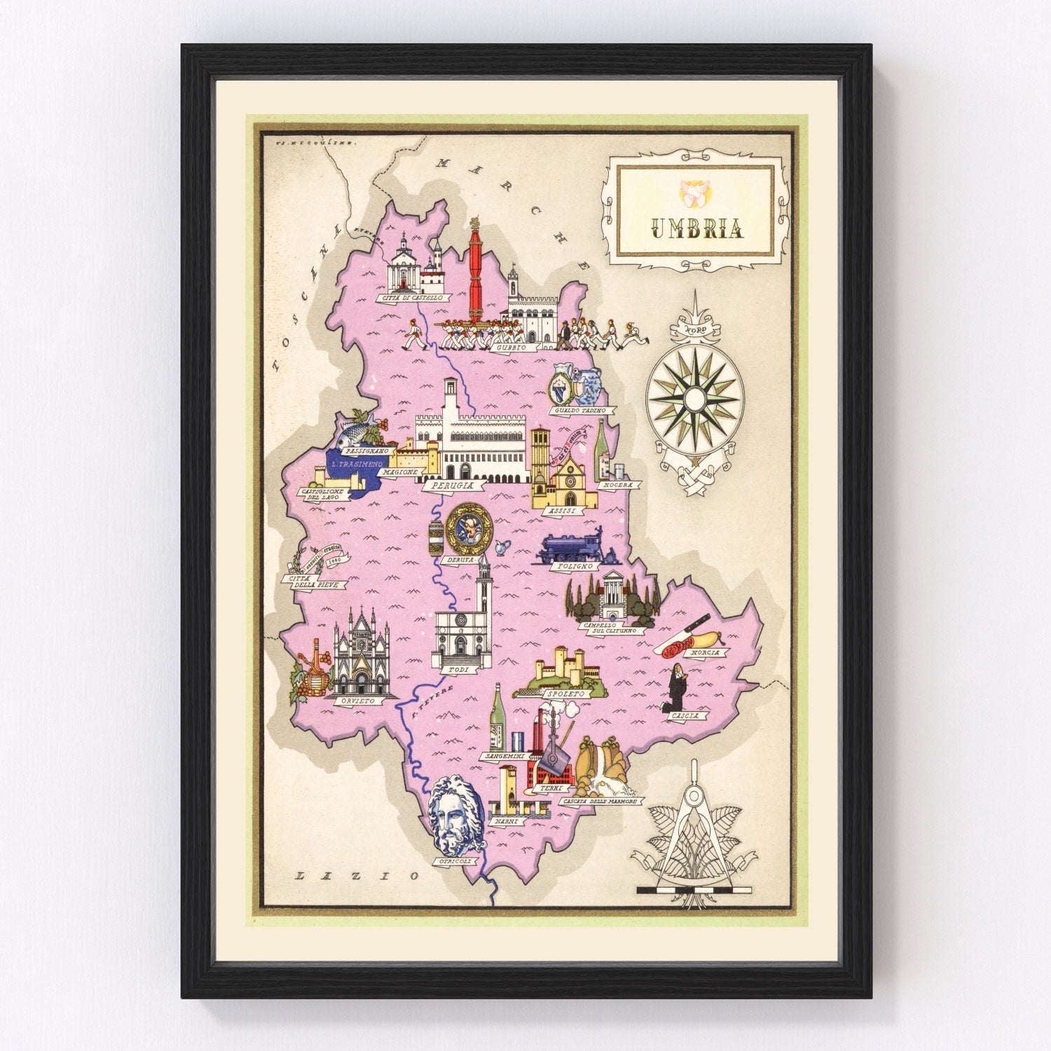 vintage map of Umbria, Italy, 1938