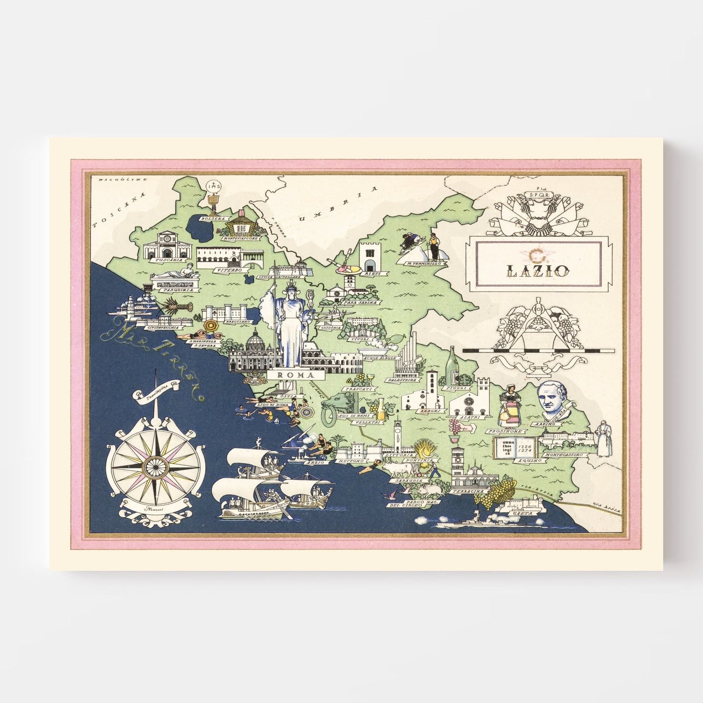 Vintage Map of Lazio, Italy, 1938