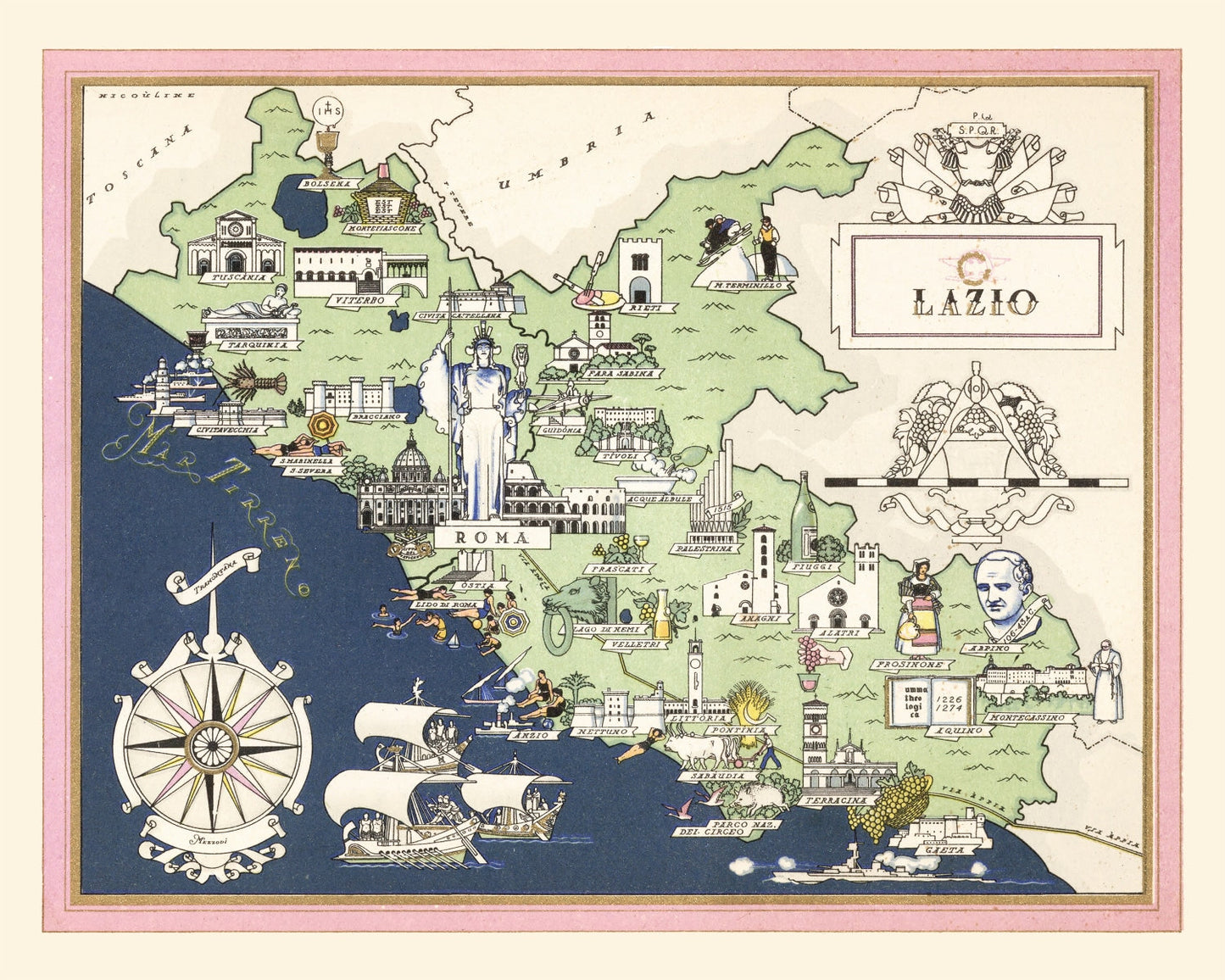 Vintage Map of Lazio, Italy, 1938
