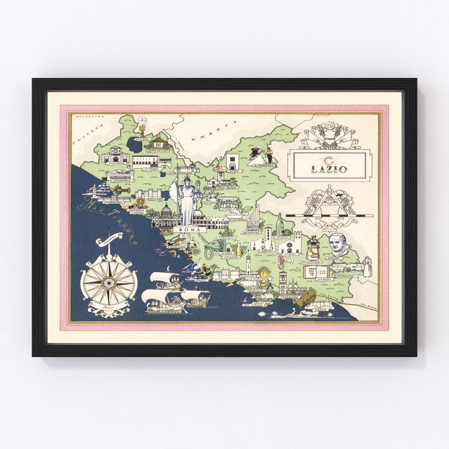 Vintage map of Lazio, Italy, 1938