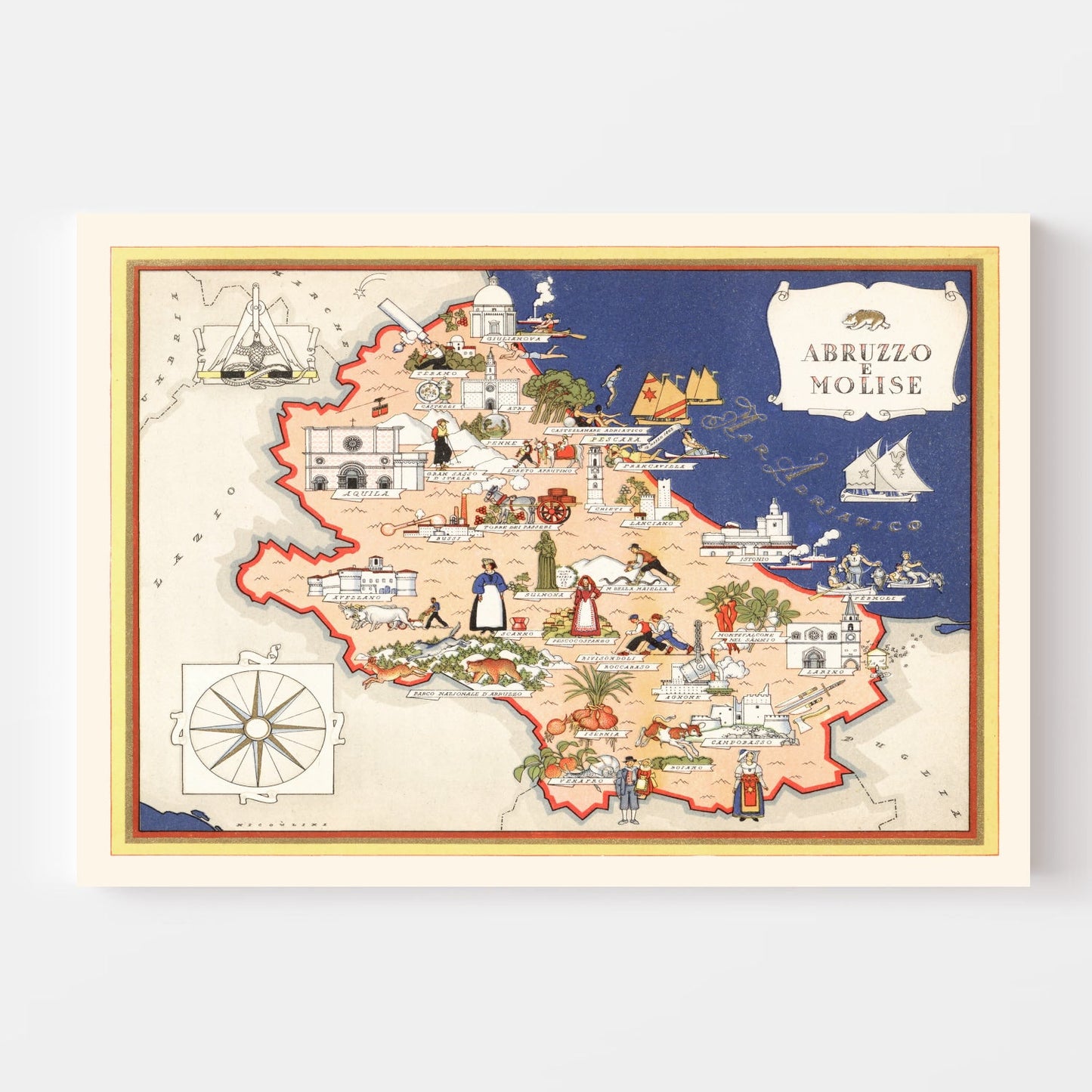 Vintage Map of Abruzzi e Molise, Italy, 1938