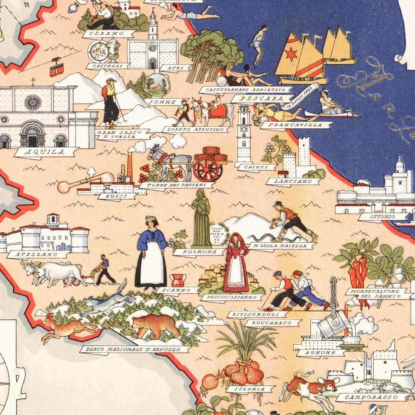 Vintage Map of Abruzzi e Molise, Italy, 1938