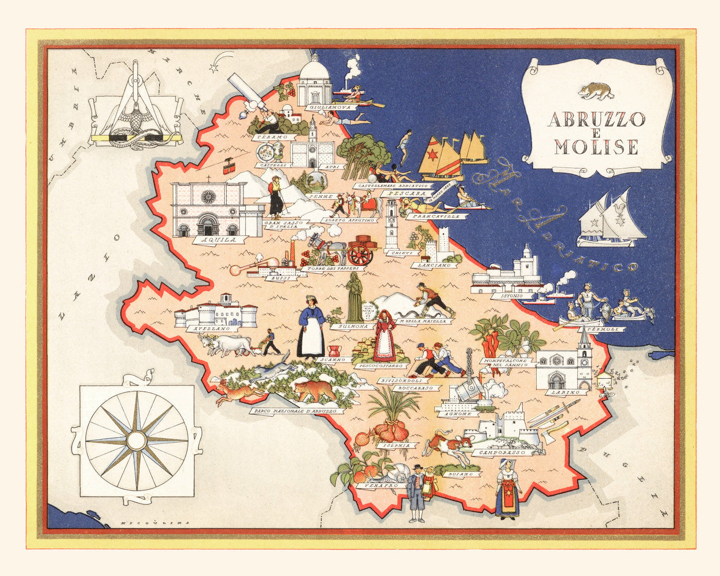 Vintage Map of Abruzzi e Molise, Italy, 1938