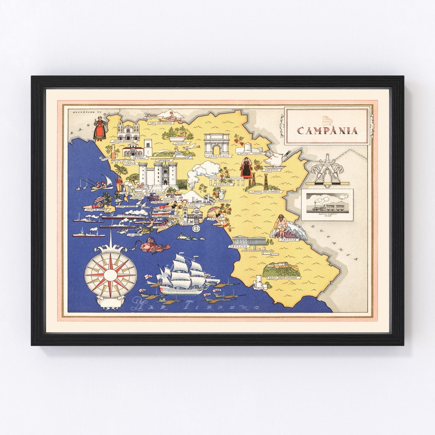 Vintage map of Campania, Italy, 1938, digitally restored antique cartographic print