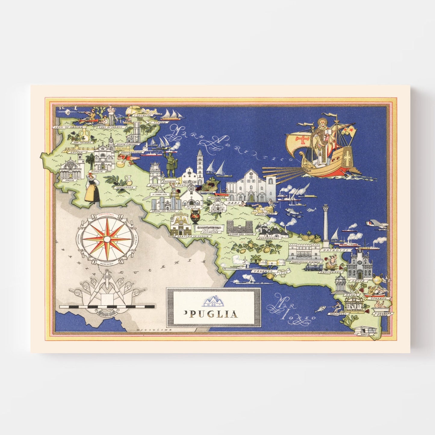 Vintage Map of Puglia, Italy, 1938