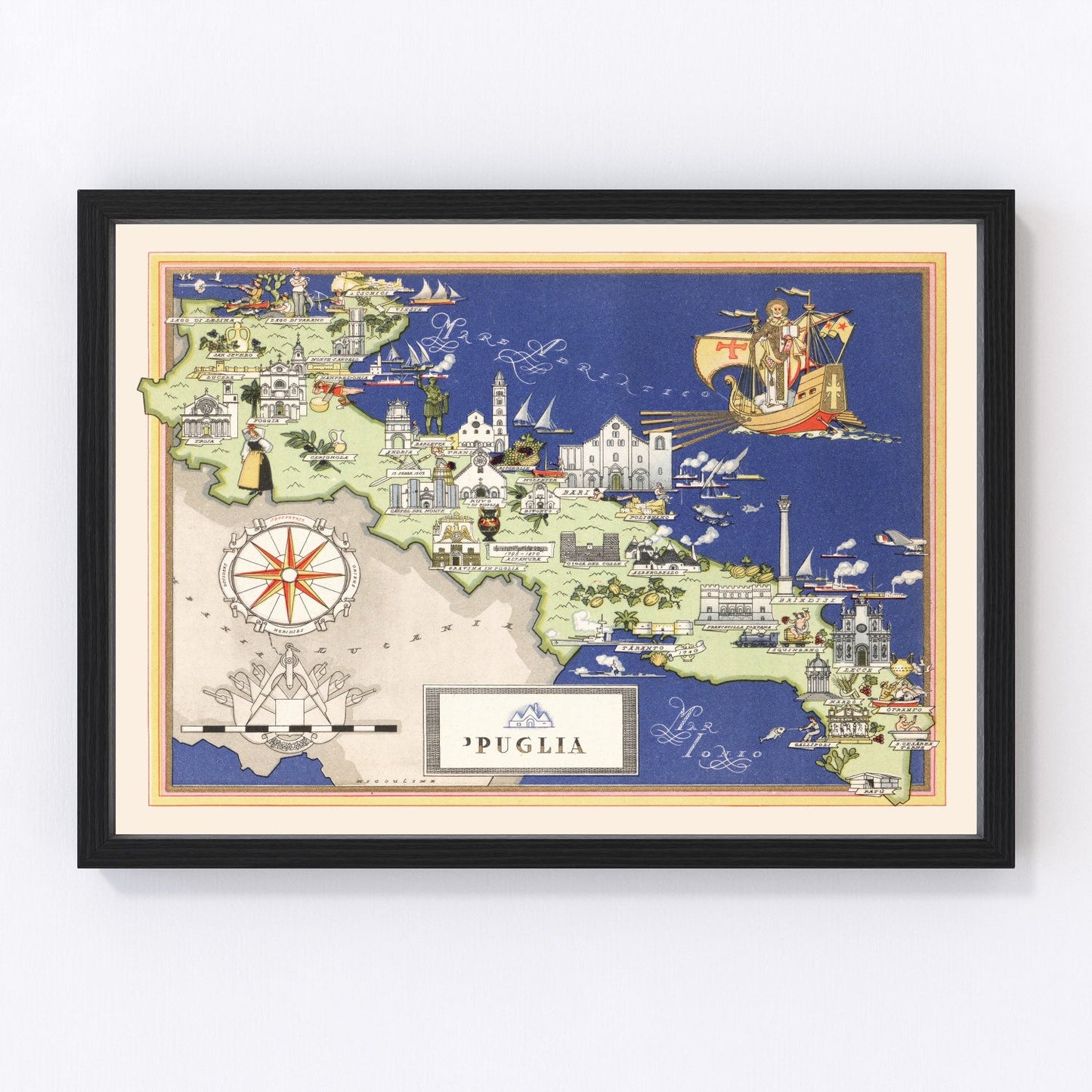 Vintage map of Puglia, Italy, 1938