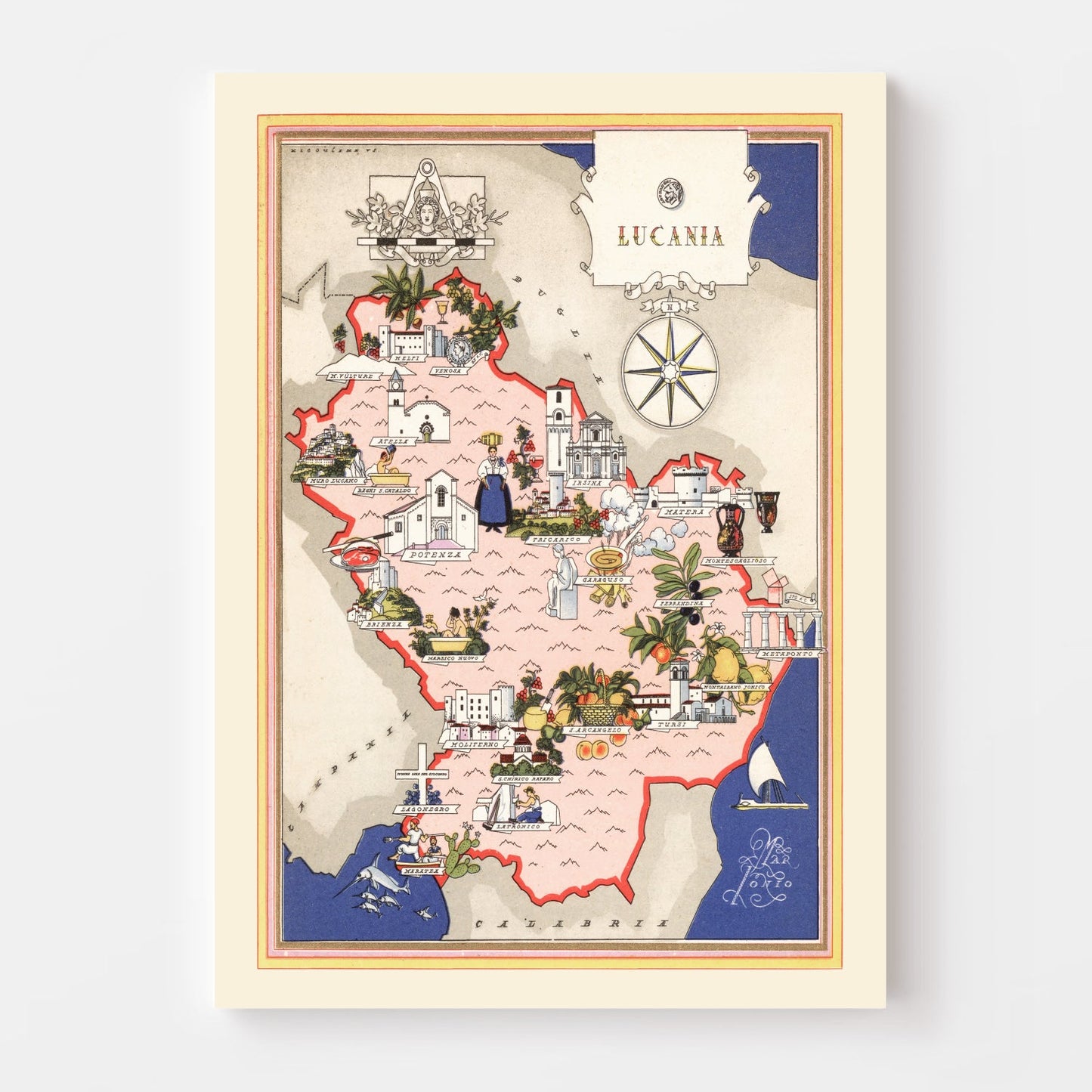 Vintage Map of Lucania, Italy, 1938