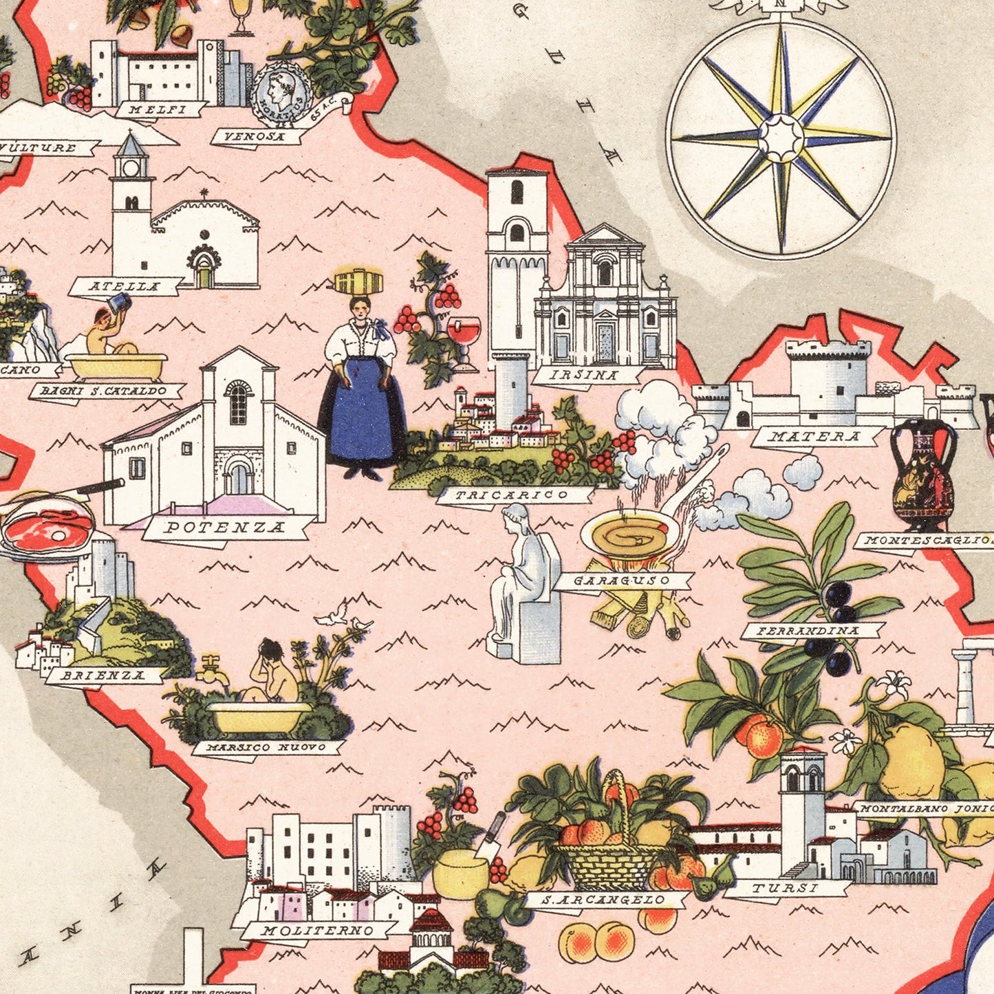 Vintage Map of Lucania, Italy, 1938