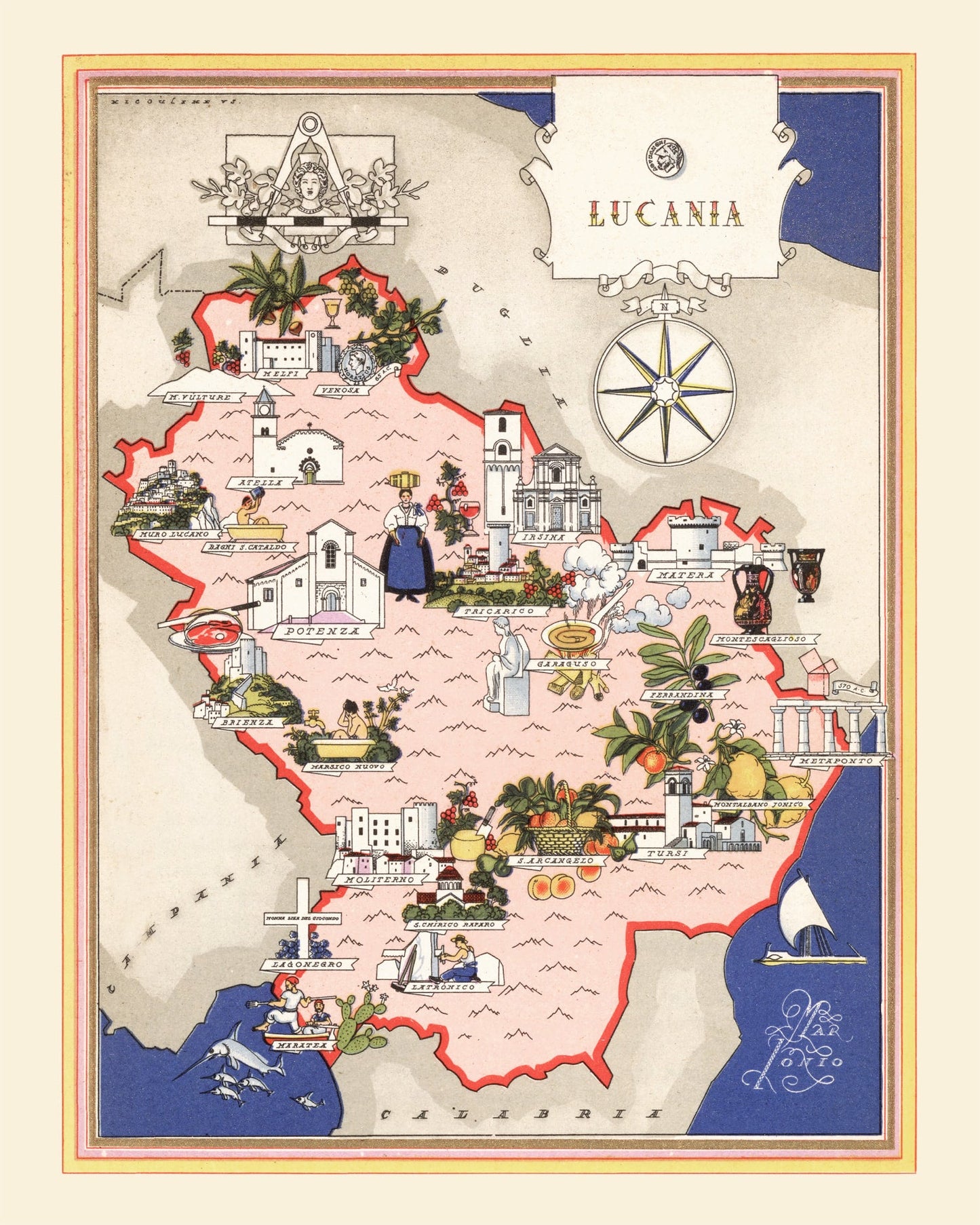 Vintage Map of Lucania, Italy, 1938