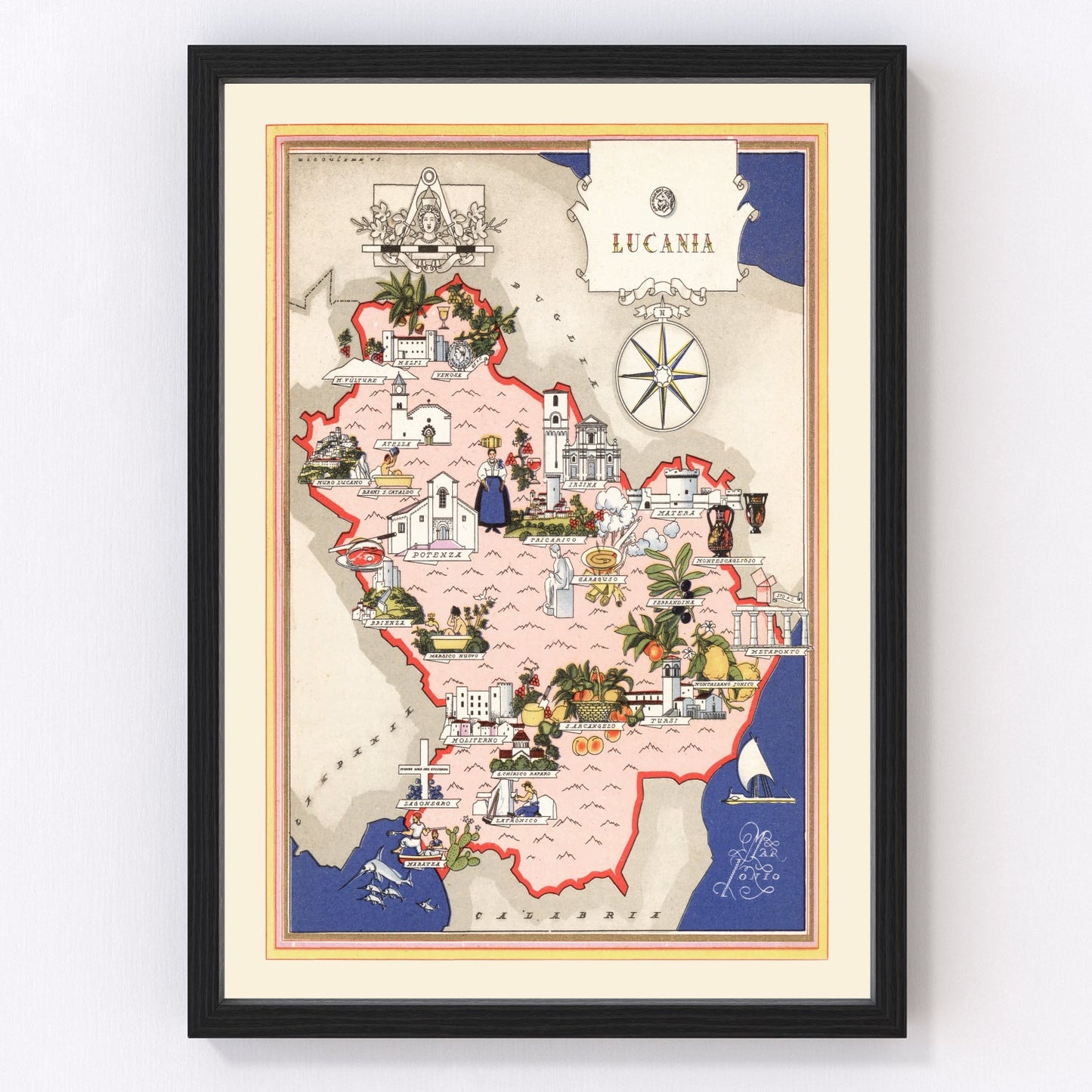 Vintage map of Lucania, Italy, 1938