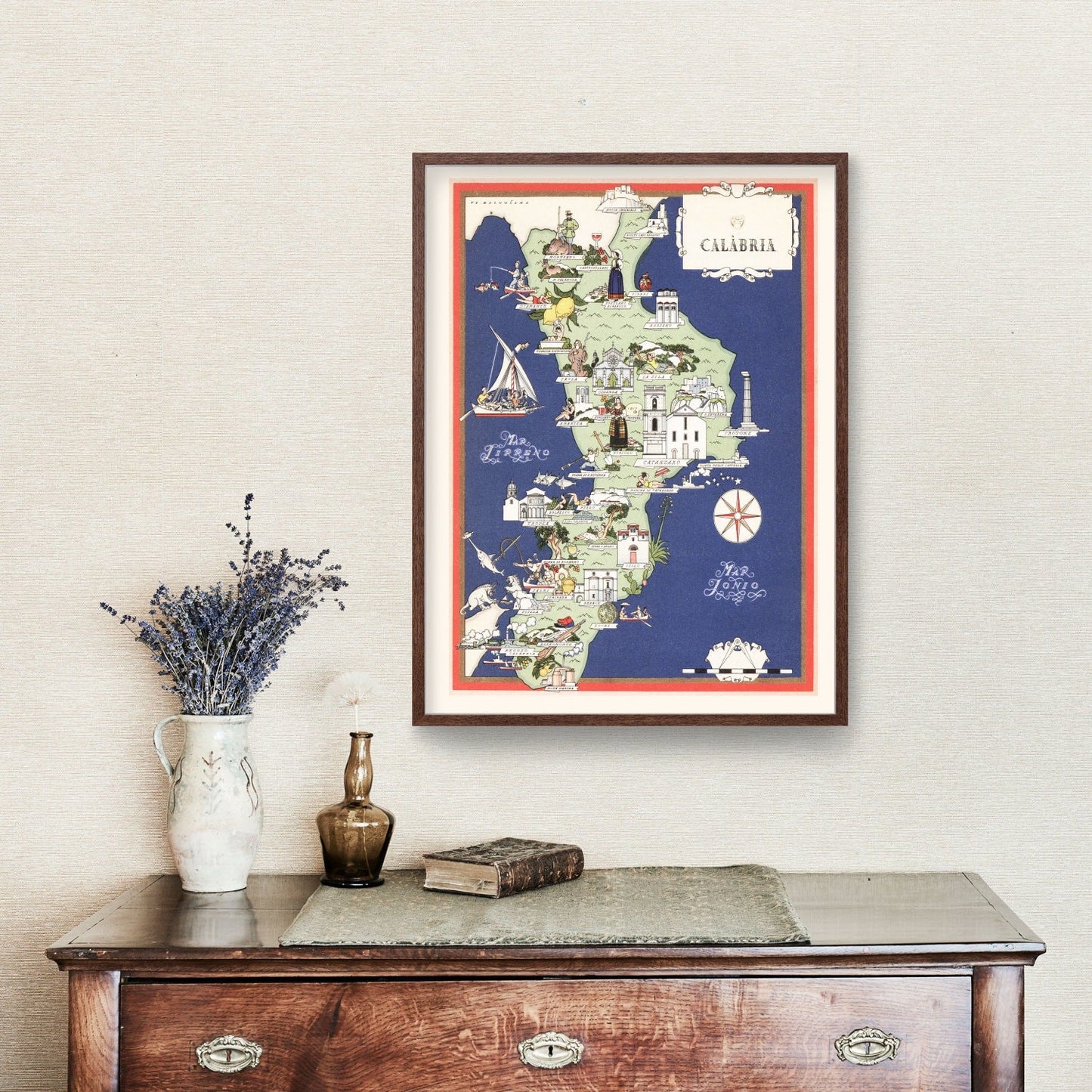 Vintage Map of Calabria, Italy, 1938 | Wall Art