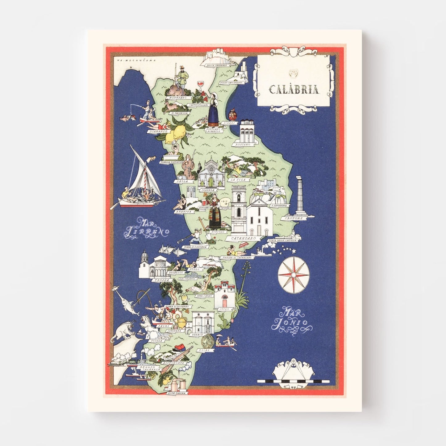 Vintage Map of Calabria, Italy, 1938 | Wall Art