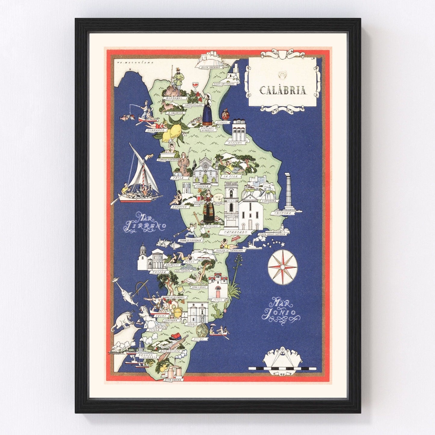 Vintage map of Calabria, Italy, 1938, southern Italy restored print