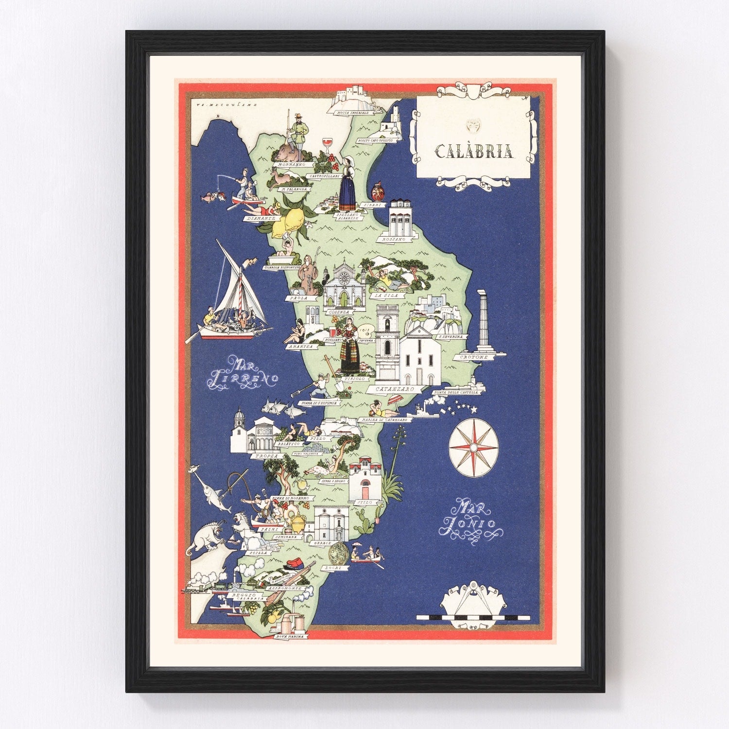 Vintage map of Calabria, Italy, 1938, southern Italy restored print