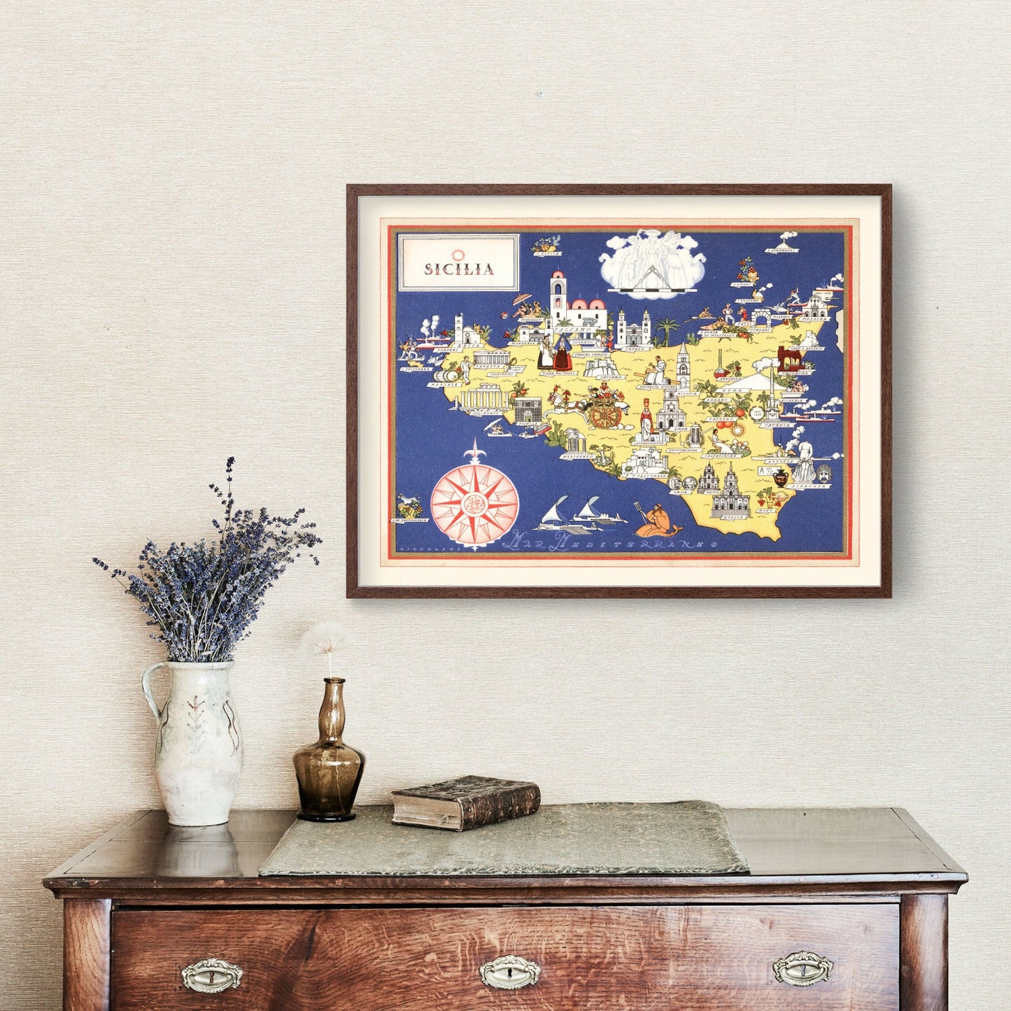 Vintage Map of Sicily, Italy, 1938