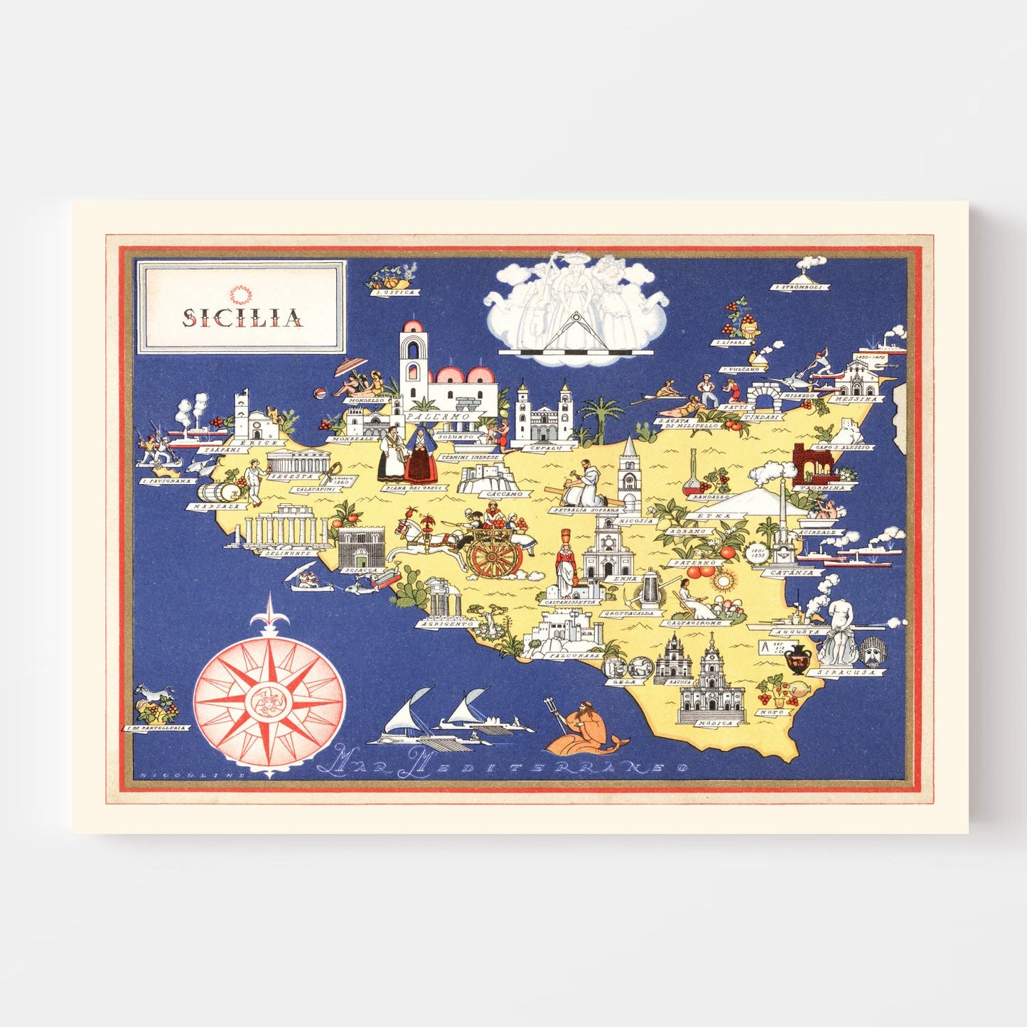 Vintage Map of Sicily, Italy, 1938