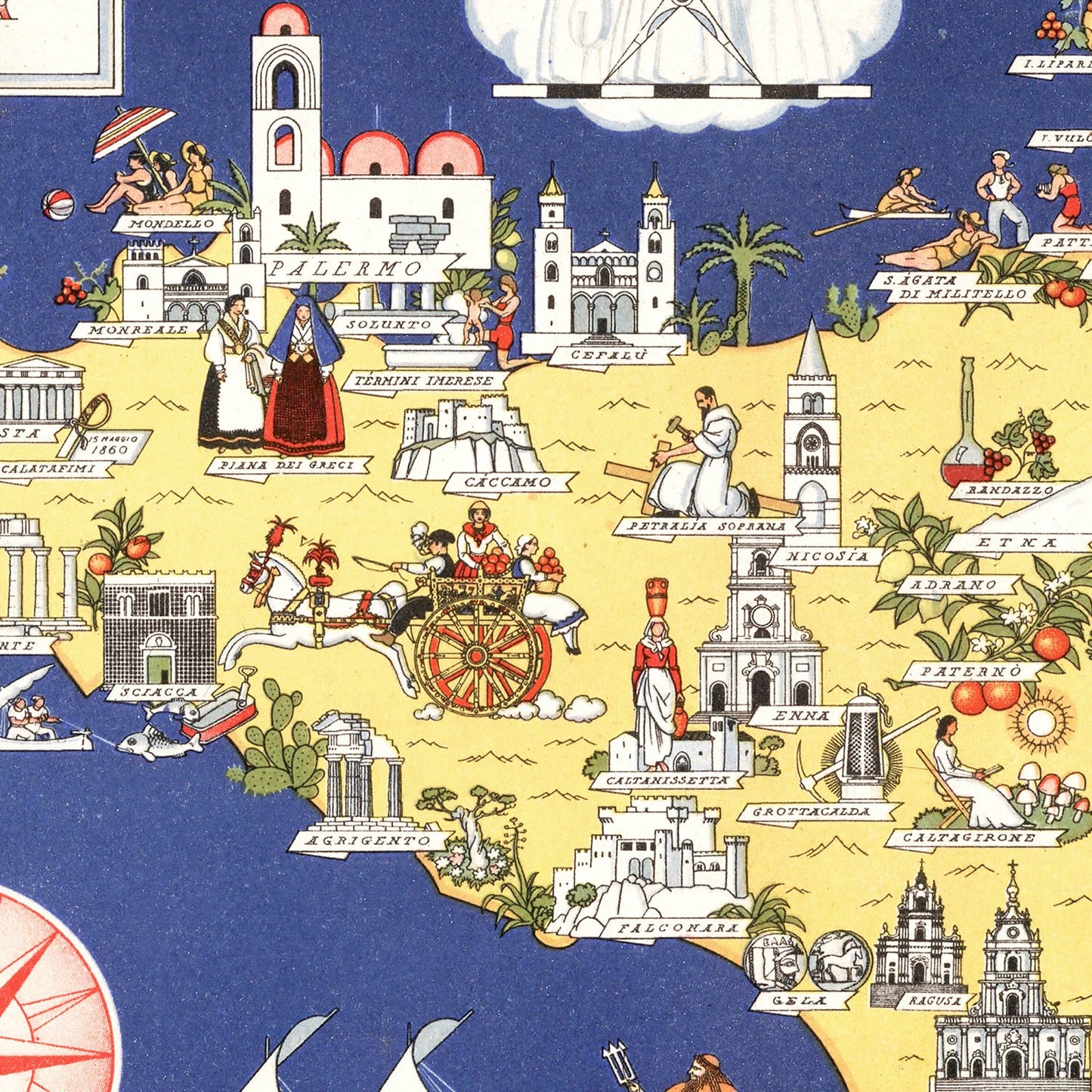 Vintage Map of Sicily, Italy, 1938